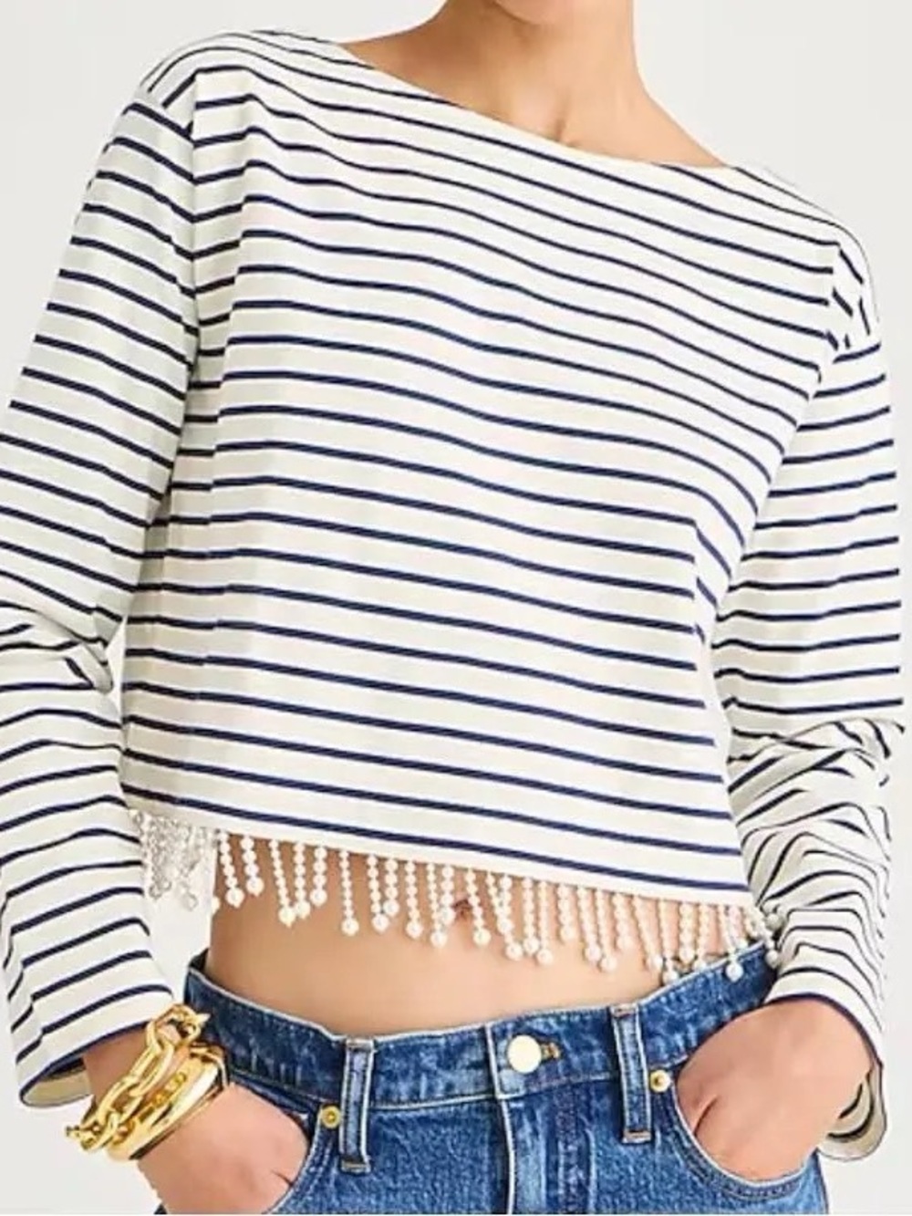 Striped Navy and White Cropped Boatneck Top with Pearl Fringe